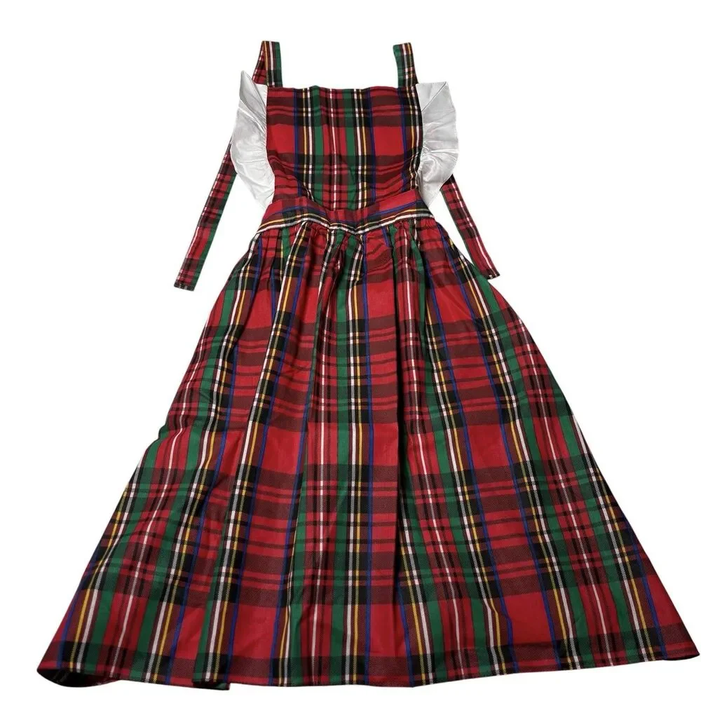 Vintage Christmas Plaid Hostess Apron Red Green Silver Ruffle Full Skirt Retro